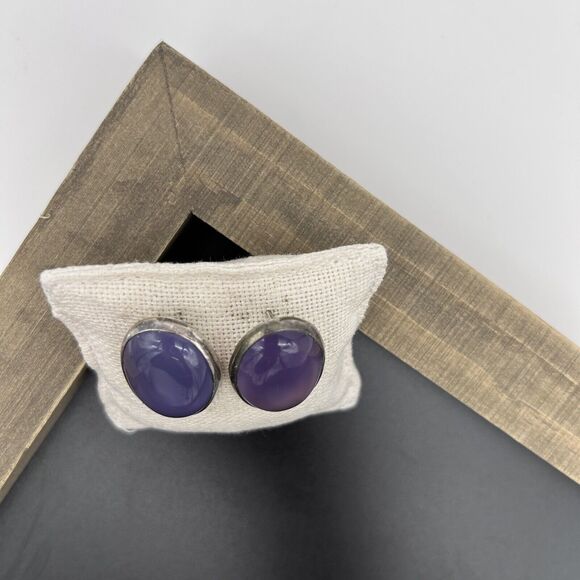 Phosphosiderite Or Amethyst Earrings Sterling Silver Signed Oval Stud Vintage - Picture 6 of 13